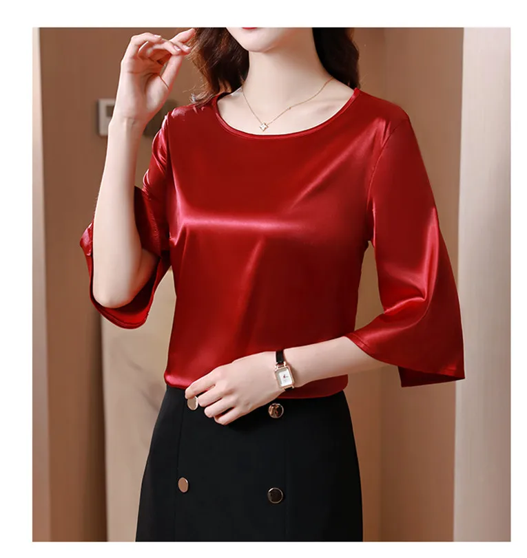 2026 Spring and Autumn New All-match O-neck Three-quarter Flared Sleeve Acetate Satin Blouse tops Basic Simple Ice Silk Shirts