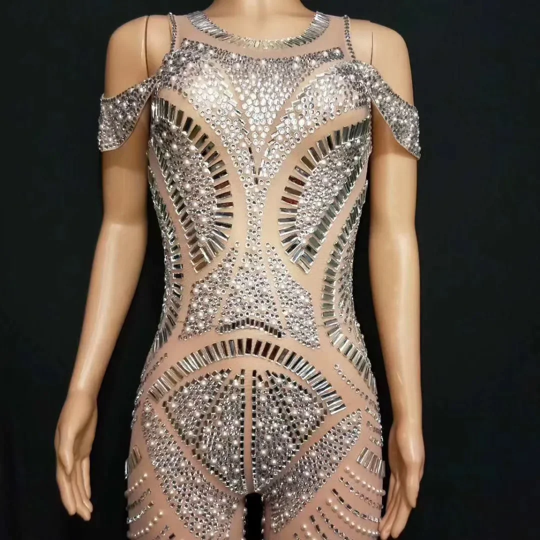 

Charming Pageant Bachelorette Women Sparkly Crystal Sequin Long Sleeve Jumpsuits Nightclub Singer Dancer Performance Stage Wear