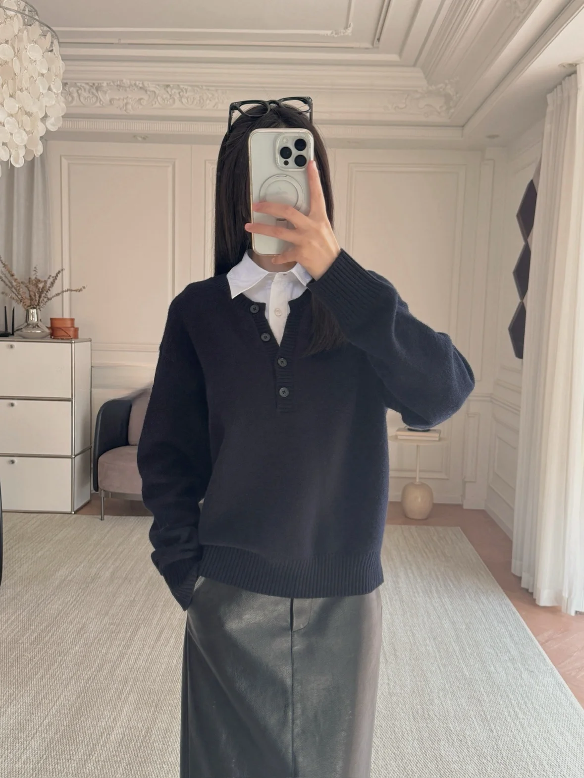 

Miu Sle High nce Wool Camere Blend Knitted irt Collar Henry Collar Women's Loose Fit Long Sve Sweater