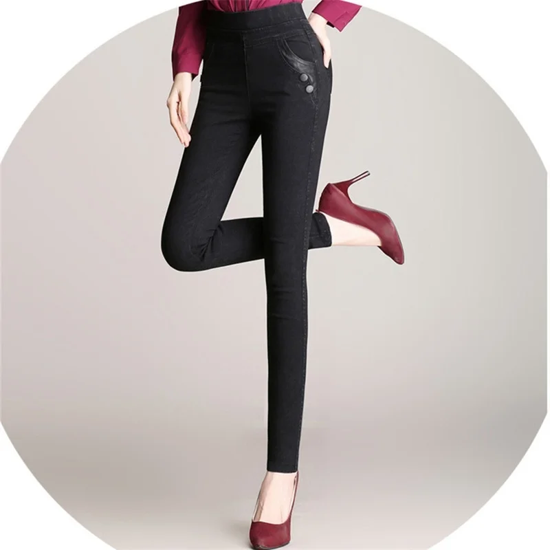 New Skinny High Waist Stretch Women Black Pencil Pants Faux Denim High Waist Plus Size S-5XL Jeans