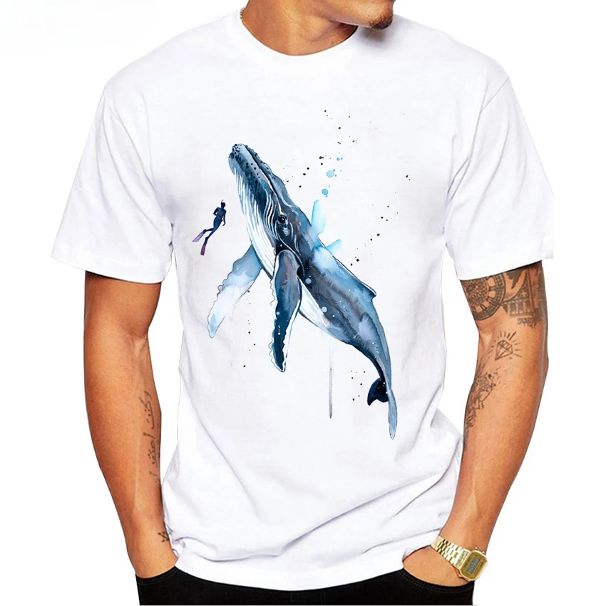 Whale Shark and Divers T-Shirt Diving with Sharks Memory Gift Men Summer Beach TShirt Funny White Casual Tees Hip Hop Tops