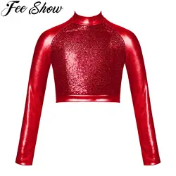 Kids Girls Metallic Shiny Jazz Dance Crop Top Sequin Long Sleeve Athletic T-Shirt Top Hip-hop Street Dancing Performance Costume