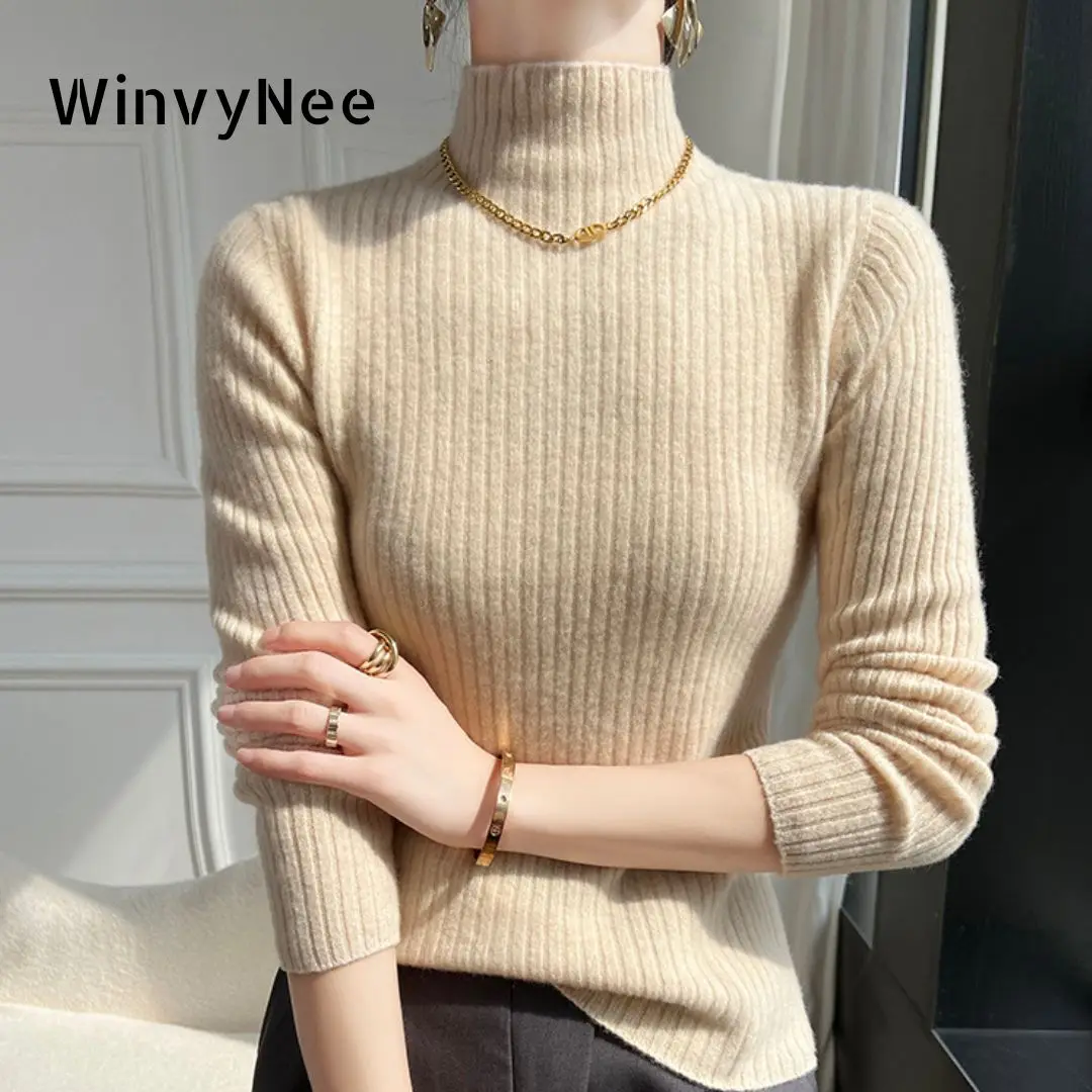 

WinvyNee Women Clothing 100% Wool Sweater Turtleneck Long Sleeve Slim Solid Pullovers Soft Knitwear Tops Autumn Winter A1263015