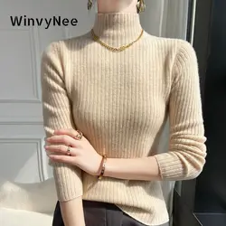 WinvyNee Women Clothing 100% Wool Sweater Turtleneck Long Sleeve Slim Solid Pullovers Soft Knitwear Tops Autumn Winter A1263015