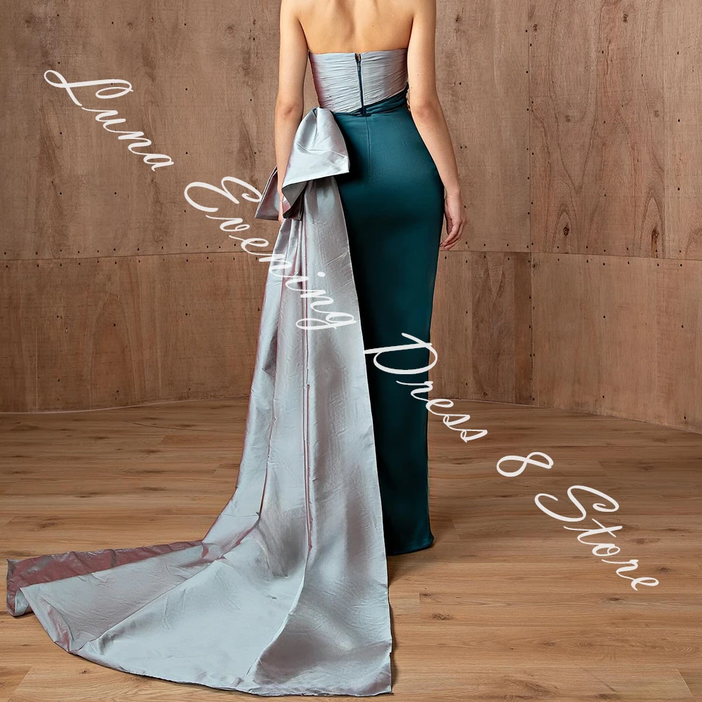 Customized Modern Satin Straight Evening Dress Strapless Zipper Back Sleeveless Floor Length Panel Train Vestidos de fiesta