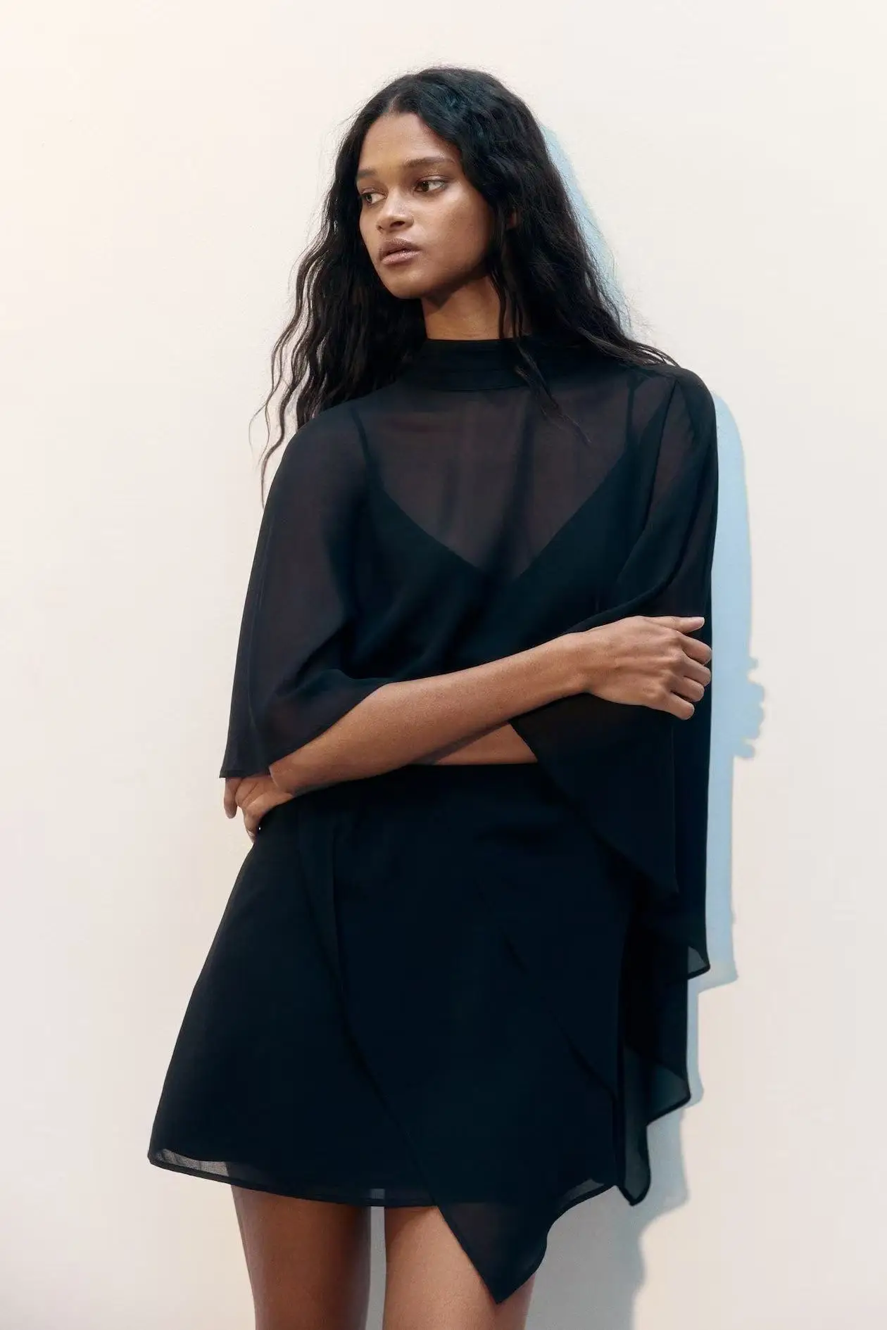 

Stylish Lady 2 Piece Sheer Cape Blouse & Slip Dress Set 2026 Summer Women High Neck Chiffon Mini Elegant Party Dress