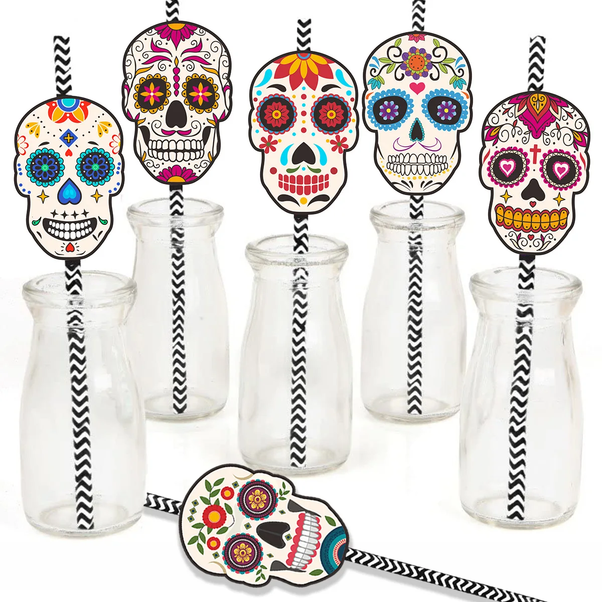 24Pcs Skull Disposable Paper Drinking Cocktail Juice Wine Straw Tableware for Mexican Day of The Dead Halloween Party Decoration