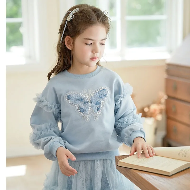 Girls Sweatshirts Autumn Winter Lace Children's Long-sleeved Sweaters Mesh Fungus Edge Children Princess Pullovers Baby Clothing