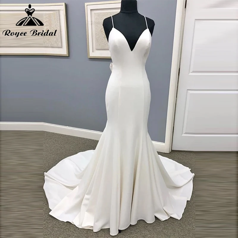 

Simple Mermaid Wedding Dress Custom For Women Sexy V-neck Spaghetti Straps Backless Bow Button Bridal Gown Sweep Soft Satin robe