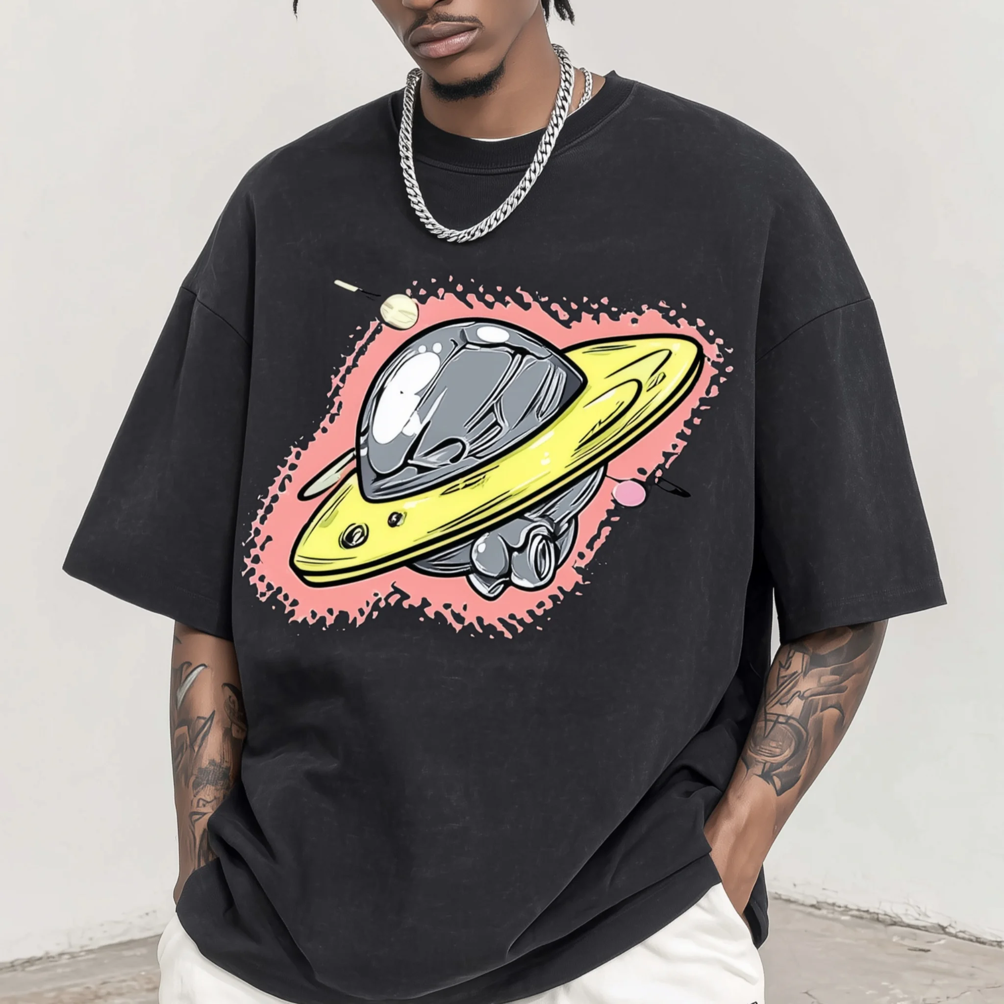 

Teevo Men's Oversized T-Shirt with Spacecraft and Planet Print for Casual Wear