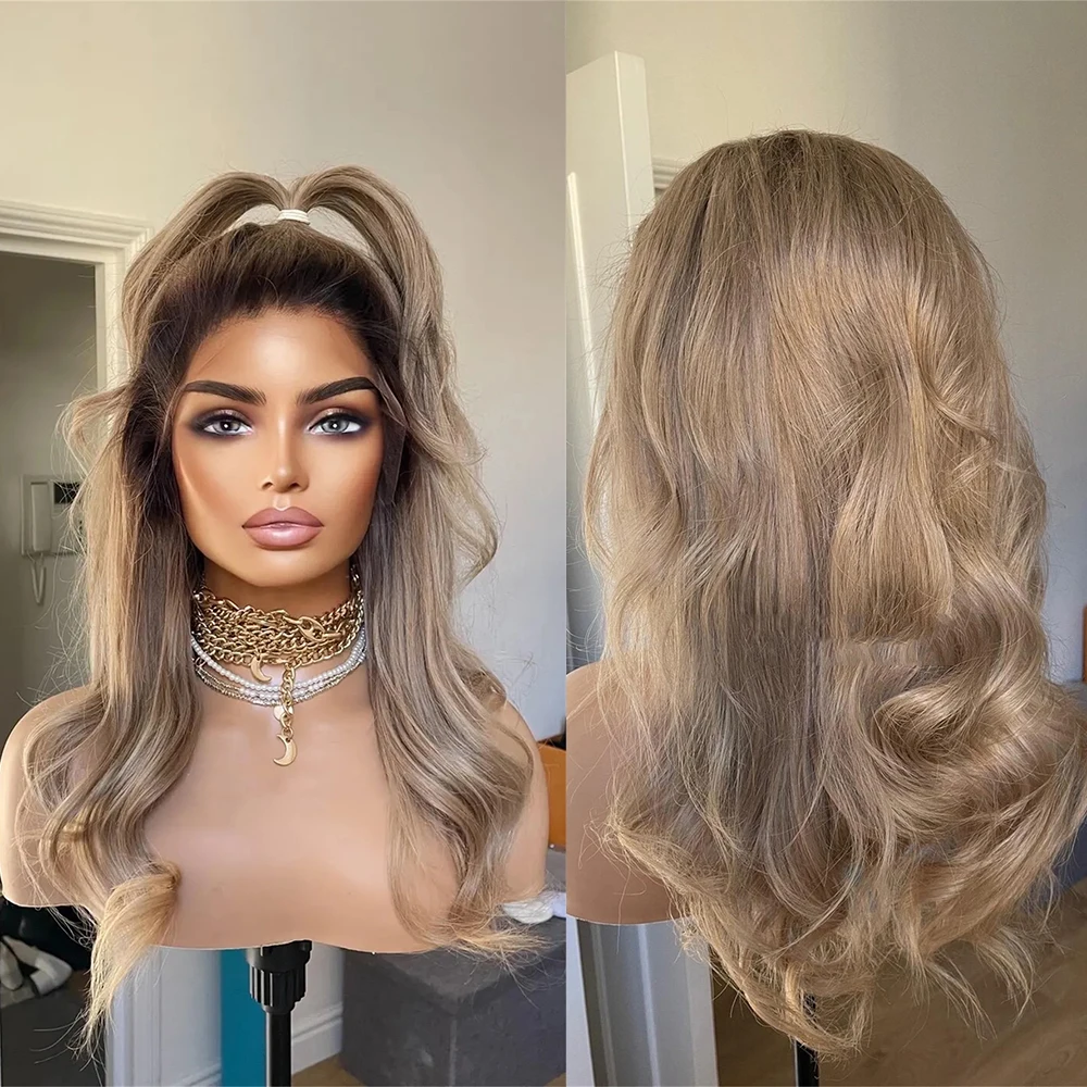 

14 Inch Dark Ash Blonde Synthetic Wig HD Lace Frontal with Black Roots Free Part Small Cap Size for Women High Heat Futura Wigs