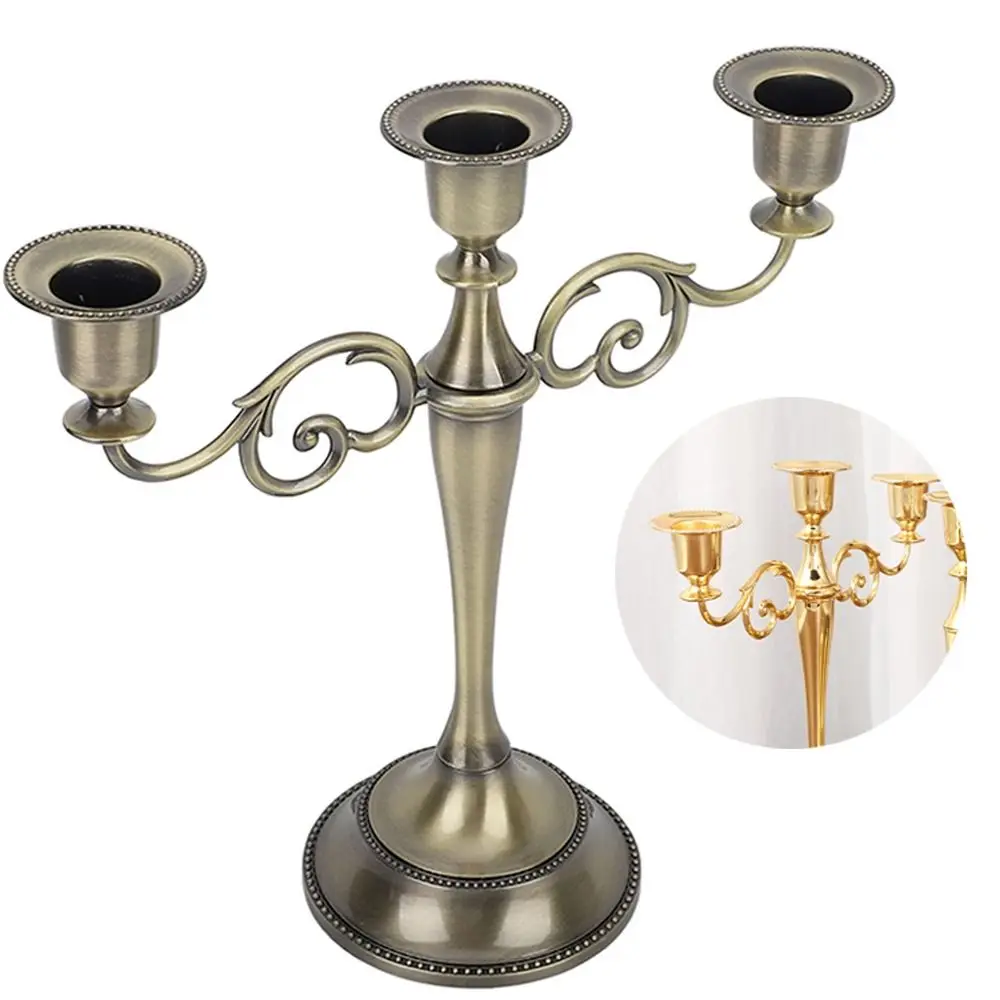 Vintage Metal Candle Holder Elegant Exquisite Design Candlestick Holder High Gloss 3 Arms Candle Holder Dining Tables