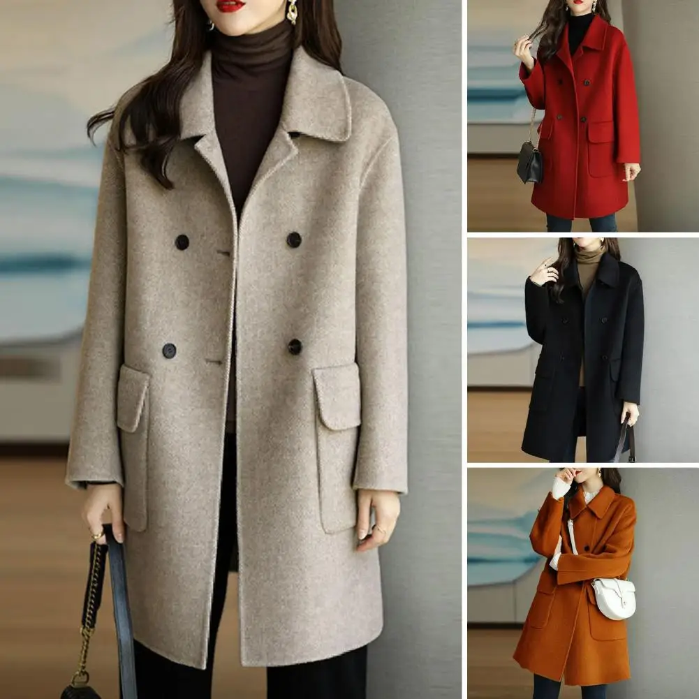 

Women Autumn Winter Solid Color Woolen Coat Mid-length Winter Coat Loose Fit Thickened Warm Overcoat Streetwear Windproof Coat