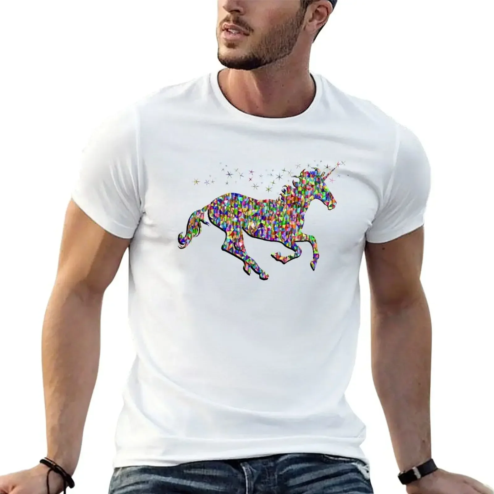 Multi-Colored Polygon Running Unicorn Design T-Shirt plus size clothes customs animal prinfor boys mens shirts graphic tee