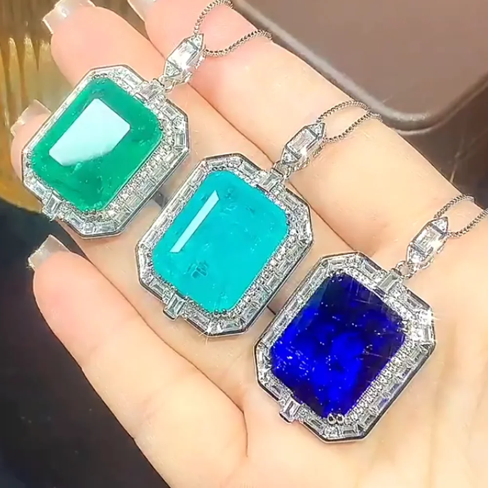 KQDANCE Created Sapphire Paraiba Tourmaline Pariba Emerald Gemstone Diamond Pendant Necklace with Large Blue Green Stone Jewelry