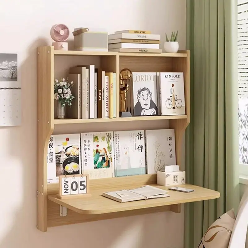 

Wall-mounted desk suspended foldable table wooden wall study table simple small apartment bedside bookcase integrated