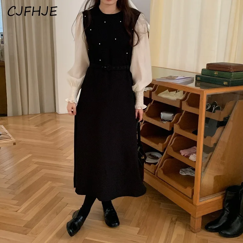 CJFHJE Korean Pearl Studded Pearl Embellishment Contrasting Color Women's Dress Spring Patchwork Sleeve Women Mid Length Dresses