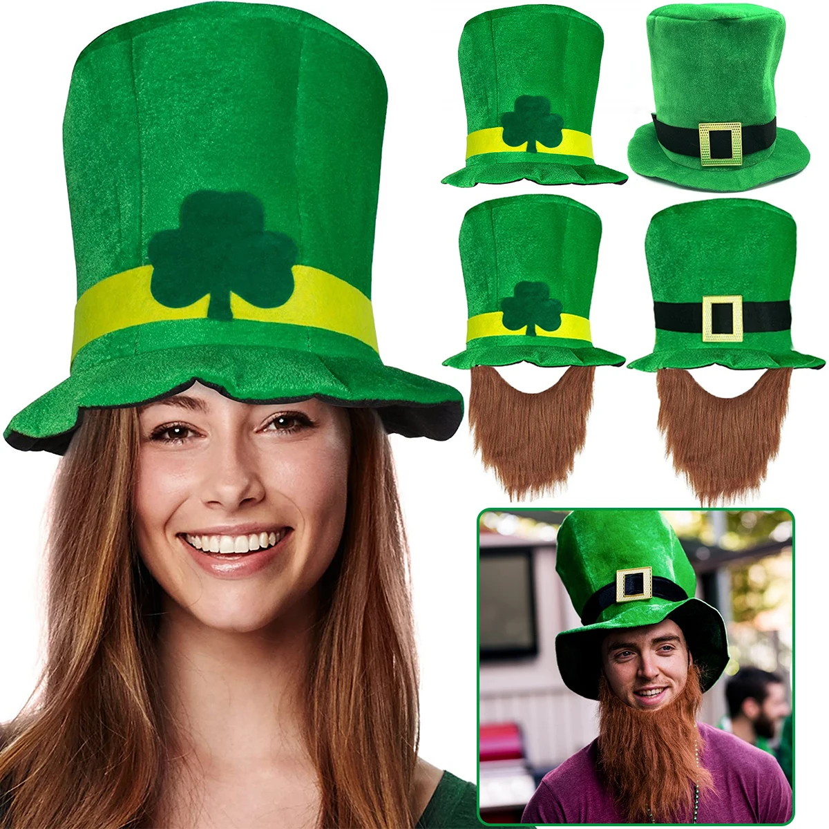 2024 New St. Patrick\'s Day Irish Top Hat Beard Green Shamrock Hats for Saint Patrick Day Home Party Decor Cosplay Costume Props