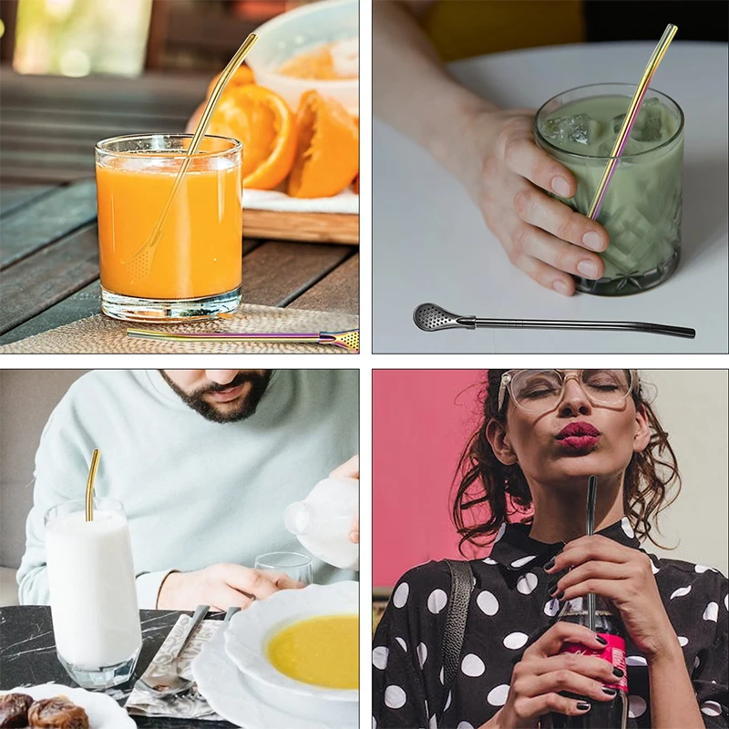 304 Stainless Steel Straw Spoon Set For Beverage Stirring And Filtering 18cm