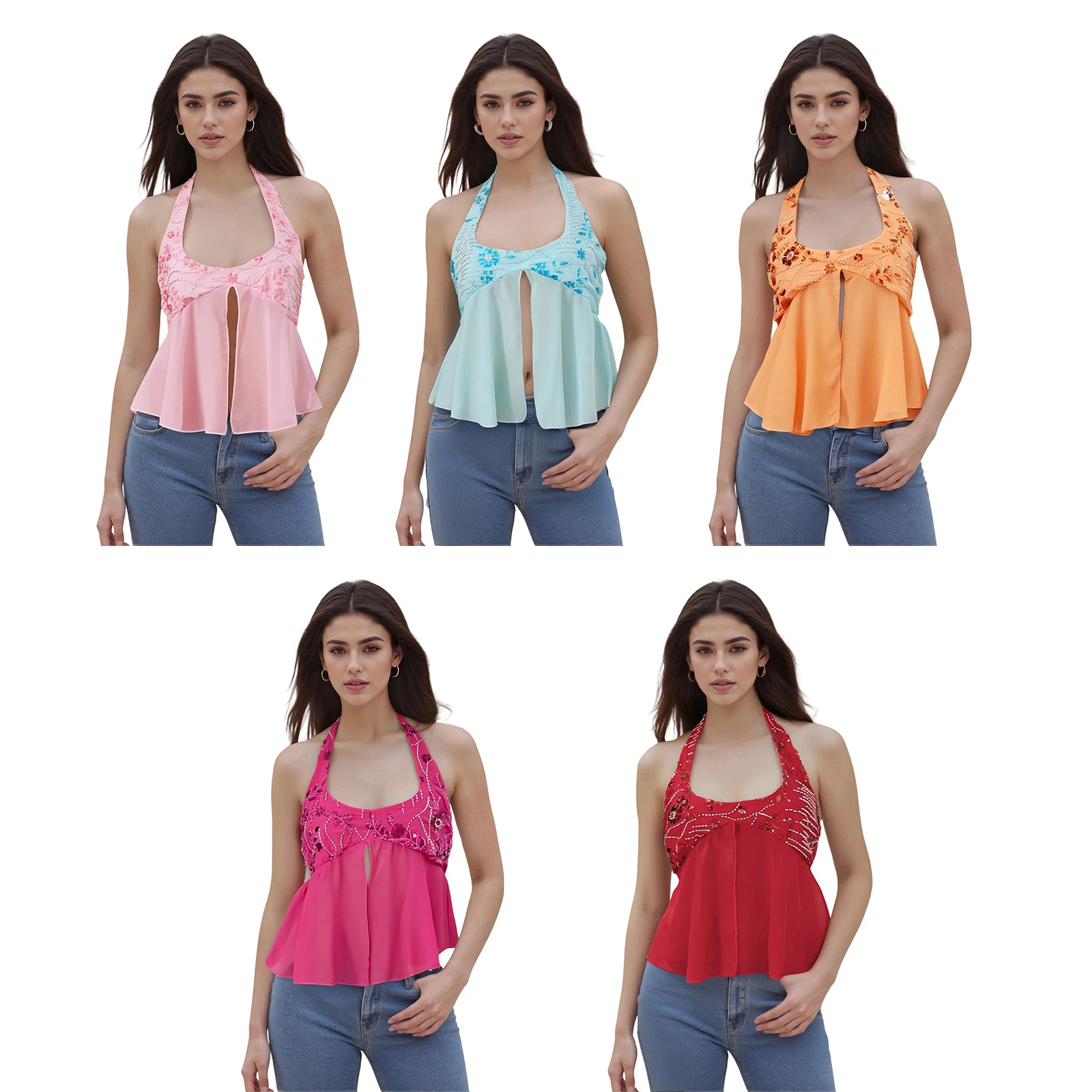 Women Sleeveless Halter Tops Summer Split Hem Tie up Backless Sequin Embroidery Shirts for Streetwear