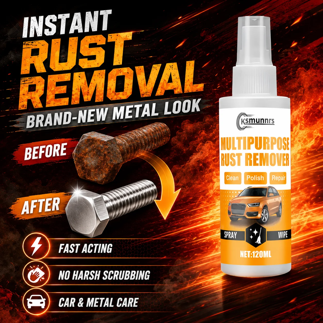 120ml Multipurpose Rust Remover Spray, Deep Clean Polish Repair, Fast Acting, Safe on Metal for Auto & Gear Parts