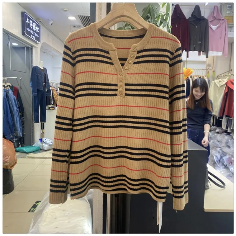 

Winter Clothes Women Color Stripe Sweater Sweater Loose plus size V-neck Fashion Autumn and Winter Base Shirt Top y2k clothes