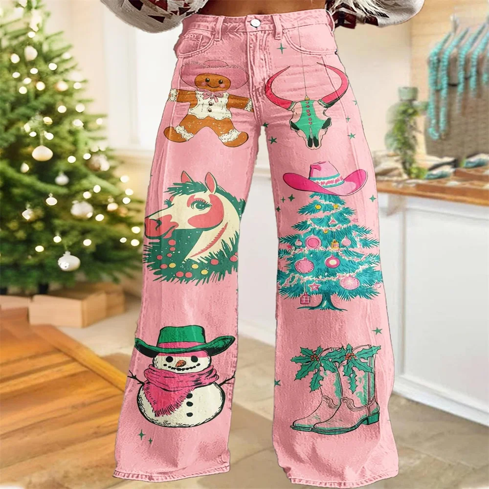 

2026 Women's new loose wide leg pants, red and white vintage printed women's pants, casual shopping