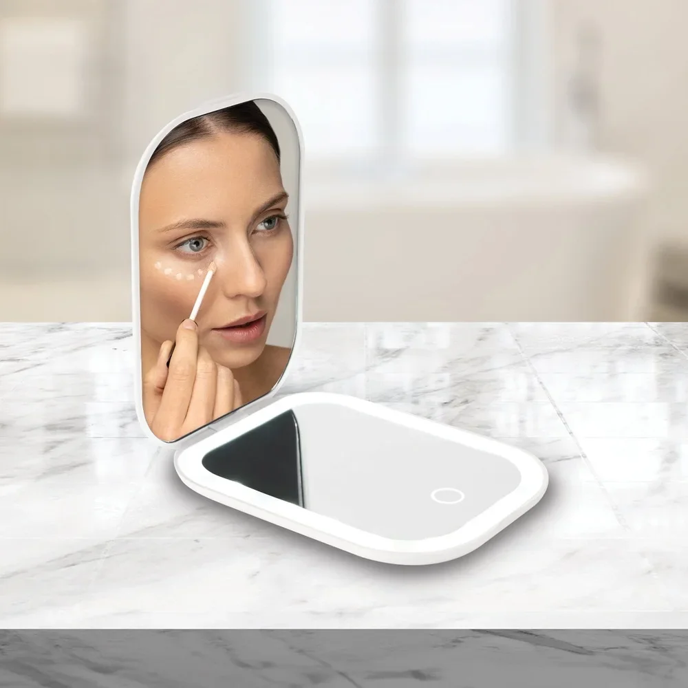 Espelho de maquiagem dupla face iluminado com 40 luzes LED Ampliação 10X Controle de toque Design compacto Vaidade e viagem