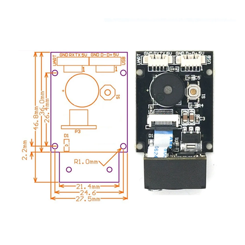 Imagem -02 - Usb qr Code Scanner Módulo Leitor Interface Uart 1d 2d Código de Barras Usb Leitor de Passaporte Gm77 640x480 Cmos Dc5v