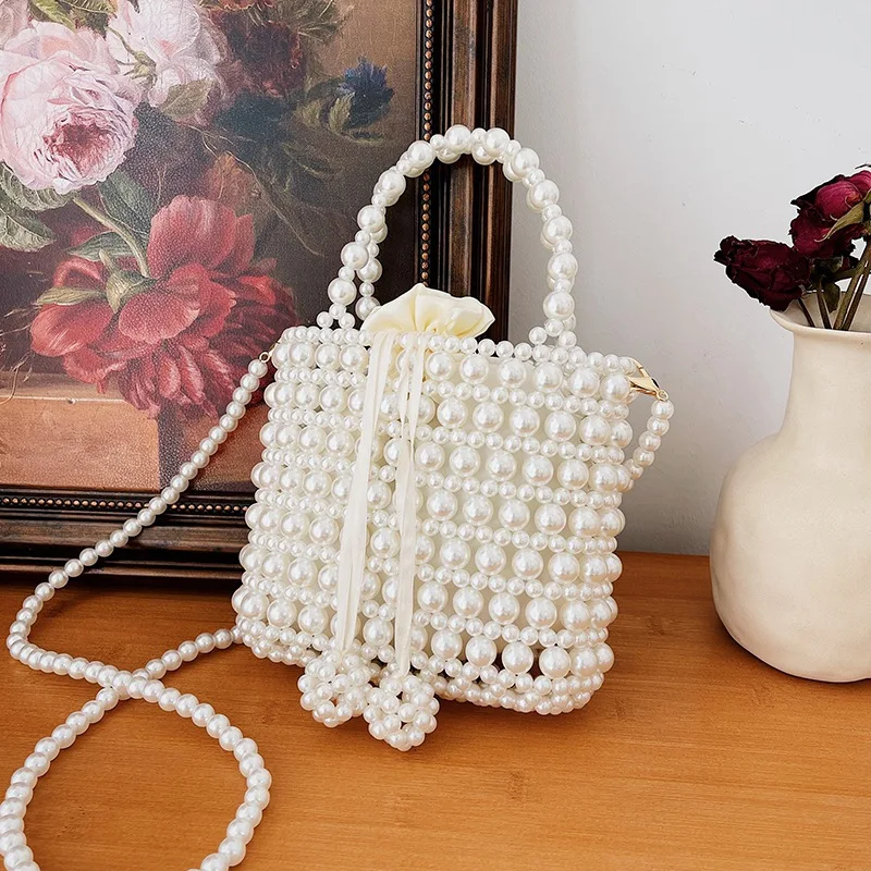 Women Pearl Crossbody Bag Handmade Sweet Pouch Fashion Drawstring Handbag Evening Totes Clutch Ladies Wedding Party Purse