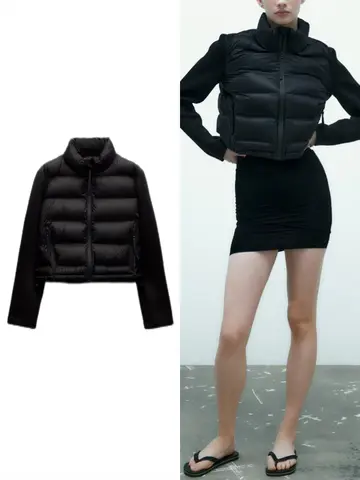 ZBZA 여성용 스플라이싱 짧은 패딩 자켓 코트 가을 겨울 새로운 하이 칼라 긴 소매 프론트 포켓 드로우 스트링 밑단 지퍼 클로저 조합 퍼퍼 자켓 여성 세련된 따뜻한 겉옷