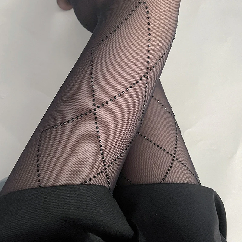 New Fashion Women Black Stockings Letter Printed Flocking Hot Drilling Thin Silk Stockings, Anti Hook Wire Pantyhose Home Wear