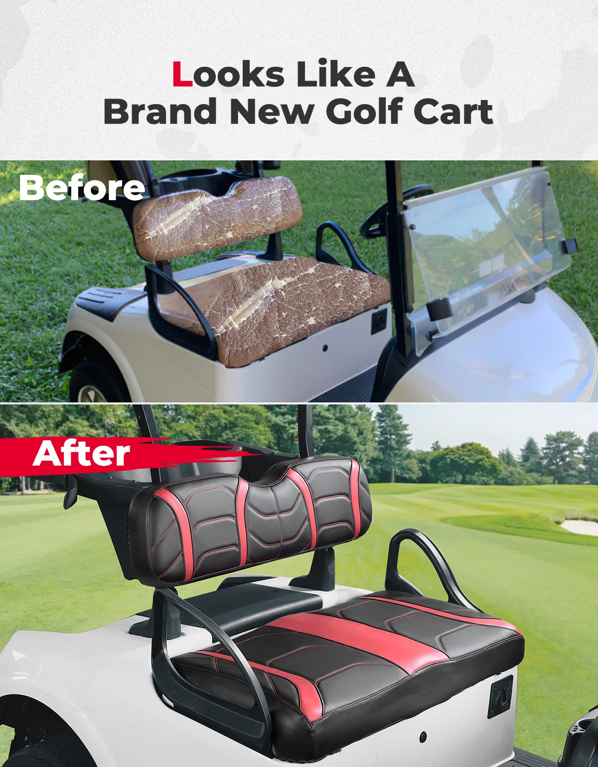 KEMIMOTO Golf Cart Vinyl Leather Seat Covers Black Grey/Black Red Front Seats Compatible with EZGO RXV