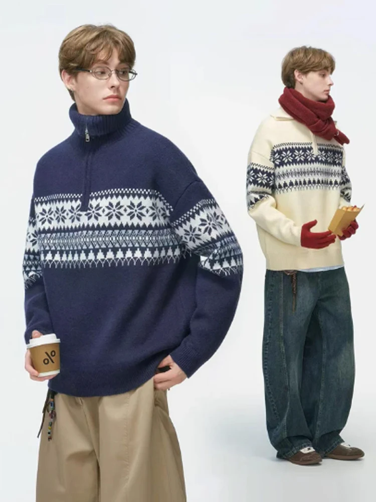 

Мужской зимний повседневный вязаный свитер с высоким воротником American Sle Fair Isle, свободный свитер для пар из полиэфирного волокна в стиле ретро