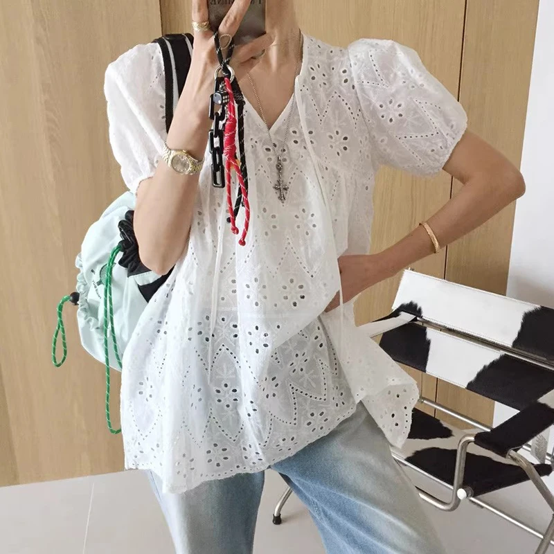 Bubble allentato Sve irt Donna Estate New Sle Sweet Sle V-ne Ricamo floreale Top ampio per giovani donne 8-24