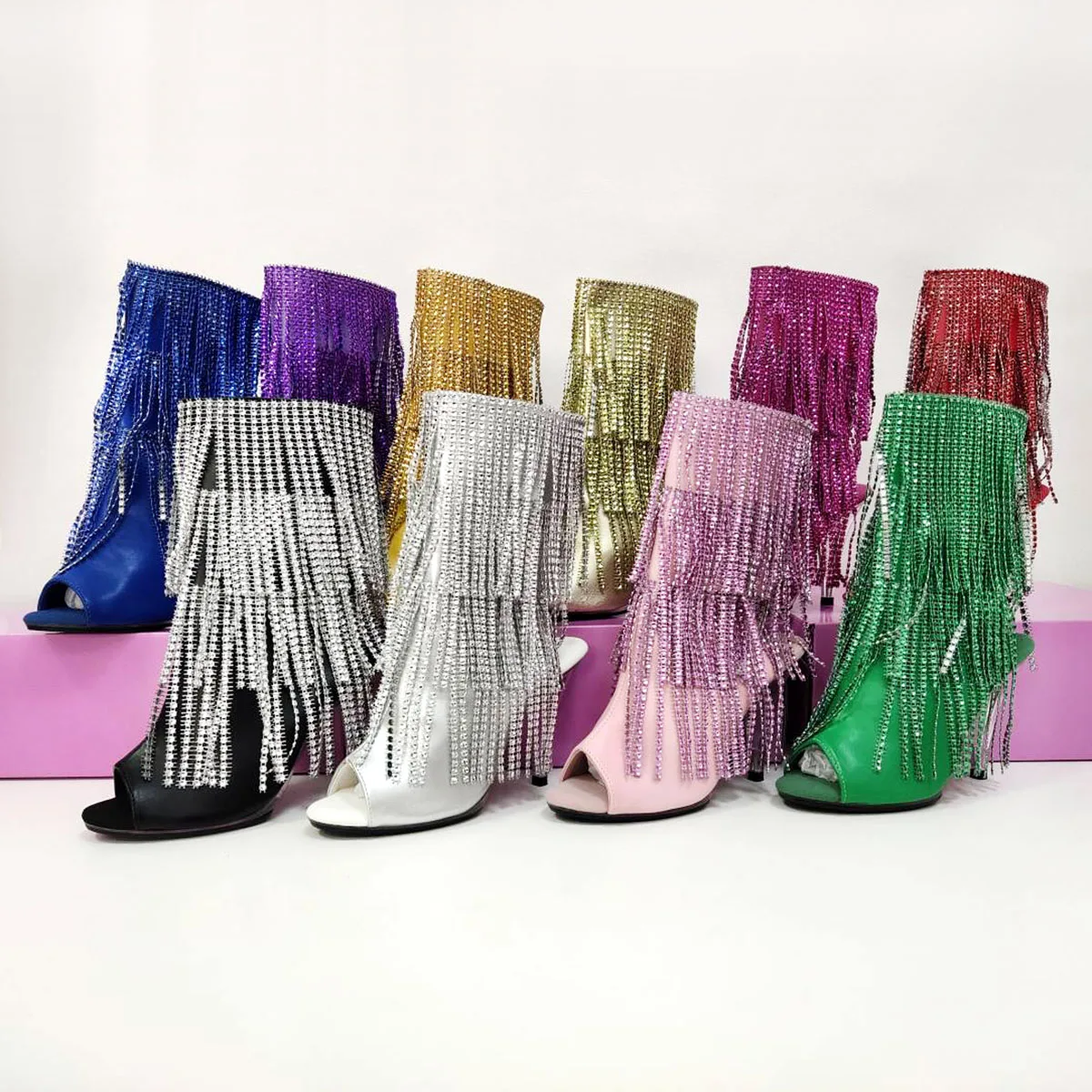 Peep Toe Women Sexy Pole Dance 10cm Nightclub Fashion Exotic Dancer 4 Inch Fringe Ankle Boots Gladiator Models Catwalk High Heel