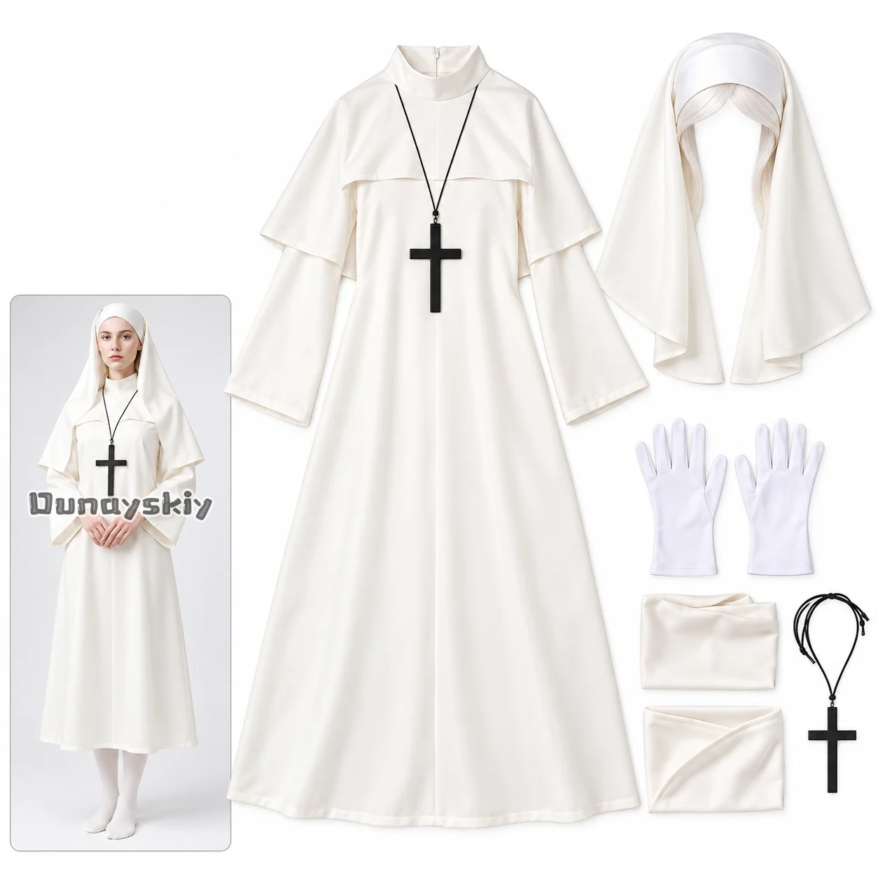 907 2026 Halloween White Nun Medieval Nun Costume Party Performance Nun Outfit Hat Cross Necklace Gloves Dress Goth Lolita Cos