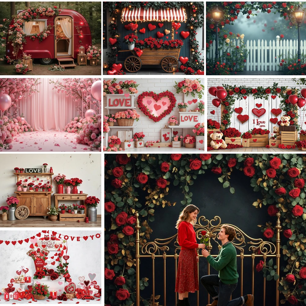 

MOON.QG Valentine's Day Birch Wood Backdrop Hanging Hearts Bokeh Floral Backgrounds For Photographs Portrait Poster Photozone