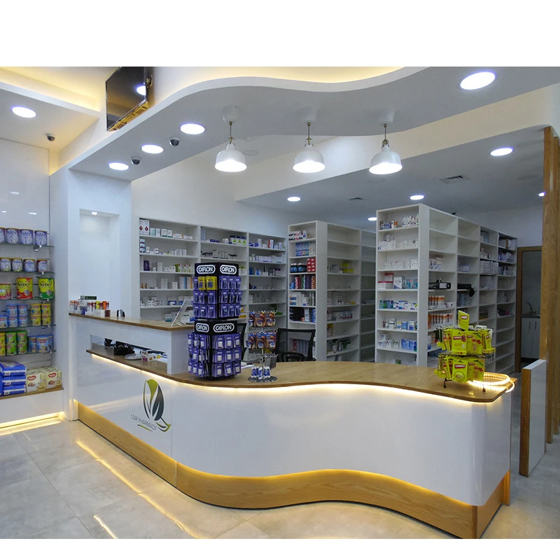 Customized-3D Shop Interior Design Drugstore Pharmacy Medical Store Wood Pharmacy Shelves Baking Paint MDF Pharmacy Counter