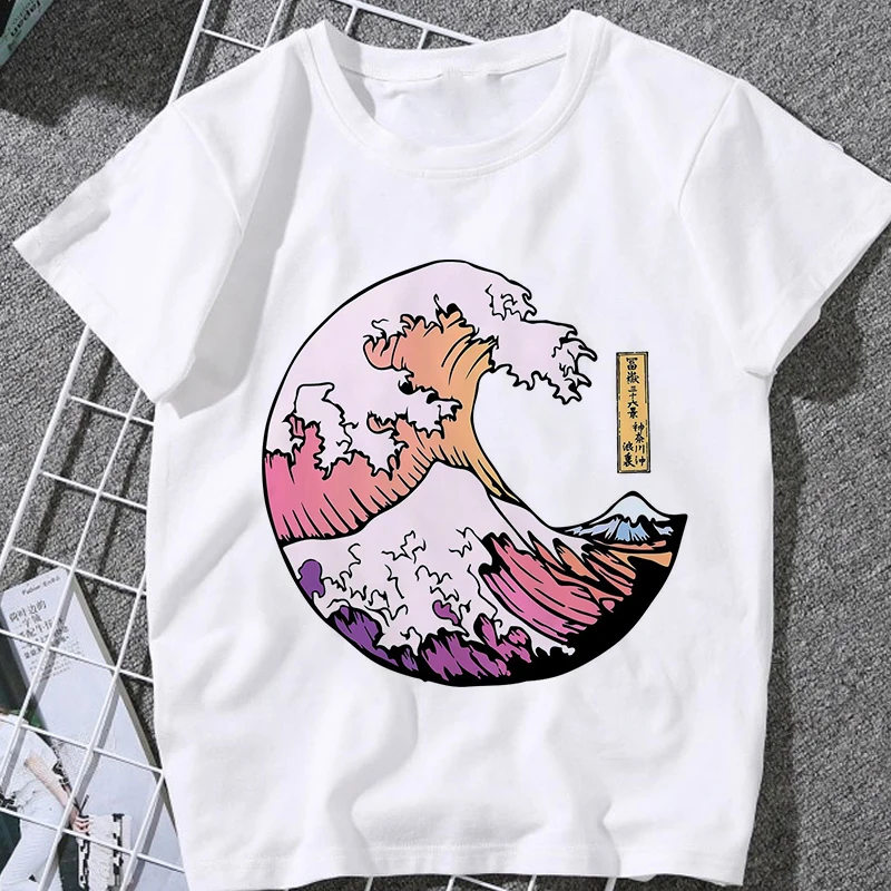 女性のtシャツクジラ波プリント原宿美的tシャツ和風ファッション特大トップス女性のtシャツ夏の服