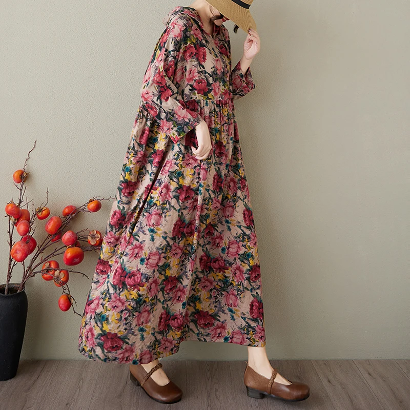 NYFS 2025 Vestido de verão vintage novo vestido longo solto manga curta com capuz estampa algodão linho vestido feminino robe elbise