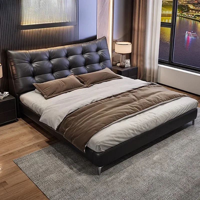 غرفة نوم جلدية إيطالية بسيطة وافل سوداء عتيقة بطول 1.8 متر طبقة علوية مزدوجة من جلد البقر #3