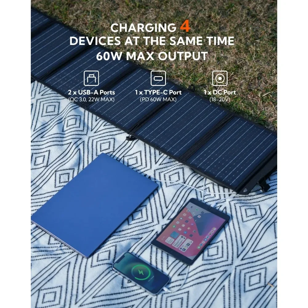 Foldable Solar Panel, LUMOPAL 60W Portable Folding Solar Charger Kit With USB-C PD60W 5V USB-A QC3.0 DC18-20V Ports