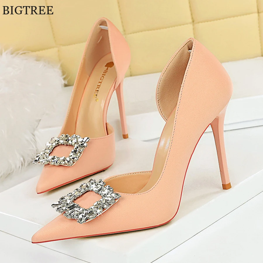 Fashion Rhinestone Buckle Shallow Women Pumps Pink Blue Silk Pointed Toe High Heels 2025 New Ladies Sexy Side Hollow Shoes Party