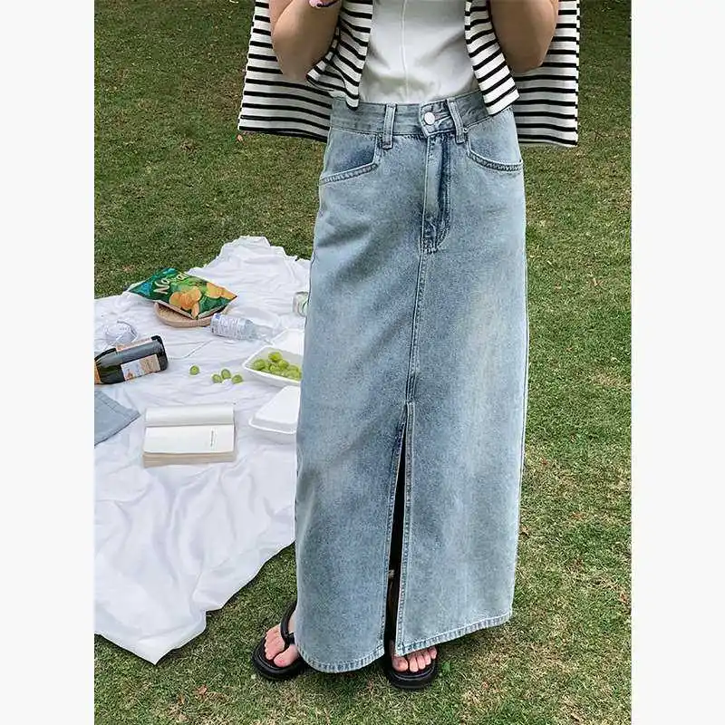 

Daihe Summer Casual High Waist Nostaic Split Cotton Denim Cleanfit Sle mid Waist A-Line Skirt for Middle-Aged Women