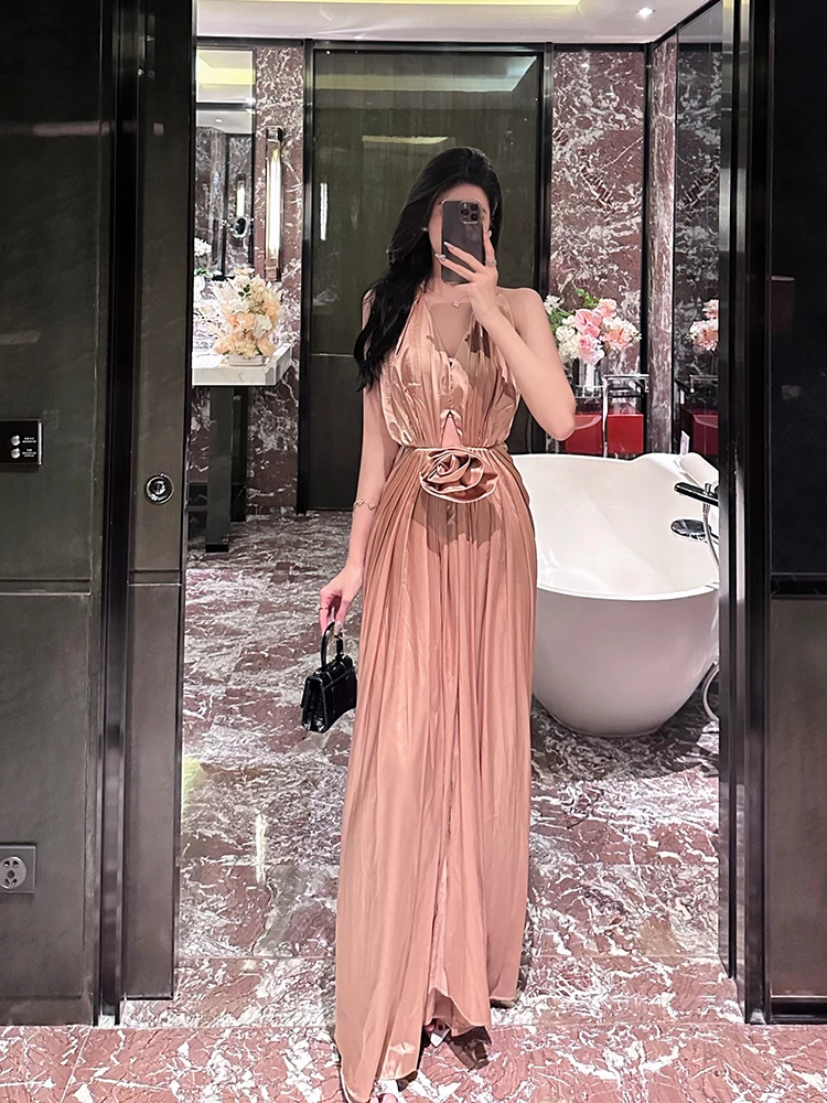 

Элегантное асимметричное длинное платье с вырезами и 3D-цветочным дизайном для женщин, летнее, с высокой талией, V-образным вырезом, А-силуэт, от BETTER LS