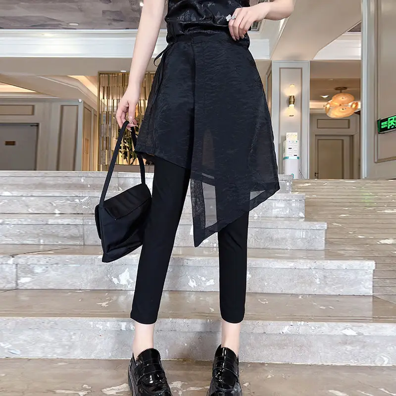 

Women 2024 Spring Summer New Fashion Shimmery High Waist Solid Irregular Spliced Gauze Fake Two Piece Slim Straight Skirt Pants