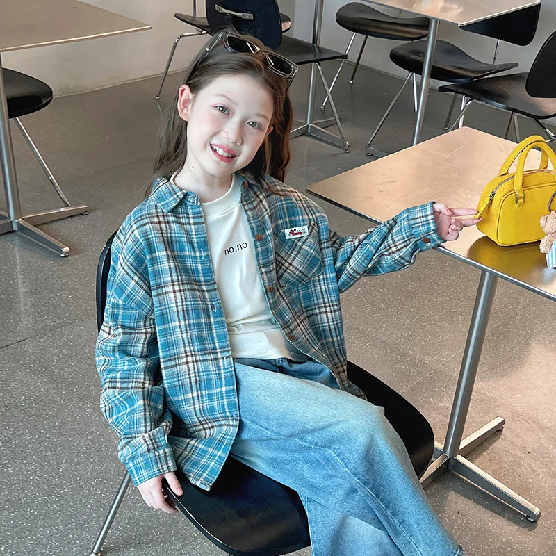 

Children's Plaid Long Sleeve Shirt Girls' Stylish Casual Shirt Big Kids Cardigan Top2025New Spring and Autumn Clothing