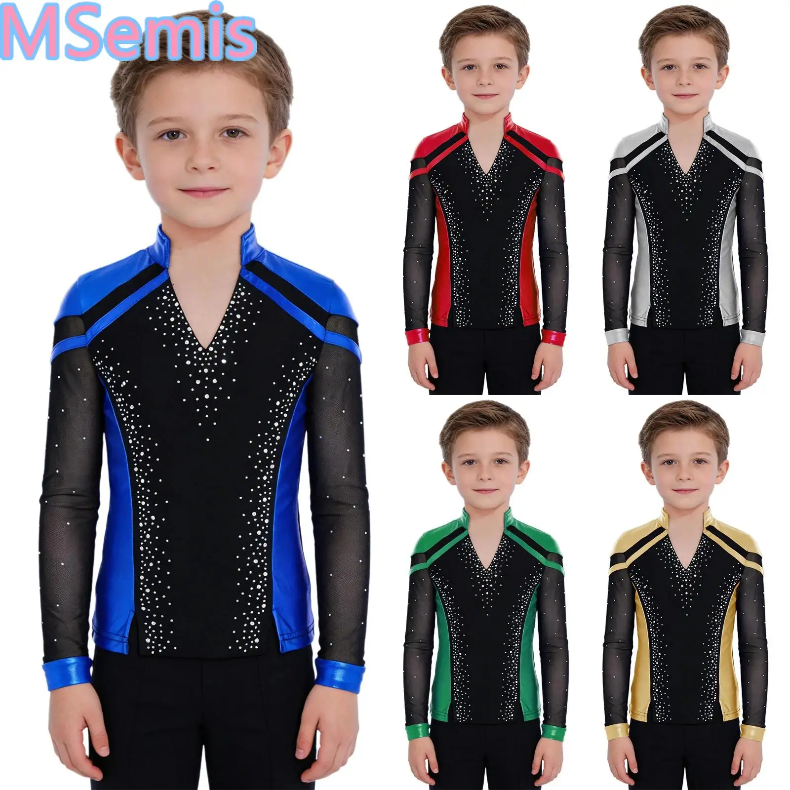 

Kids Boys Split Hem Dance Top V-Neck Long Sleeve Shiny Rhinestones Metallic Color Block Top for Competition Figure Skating