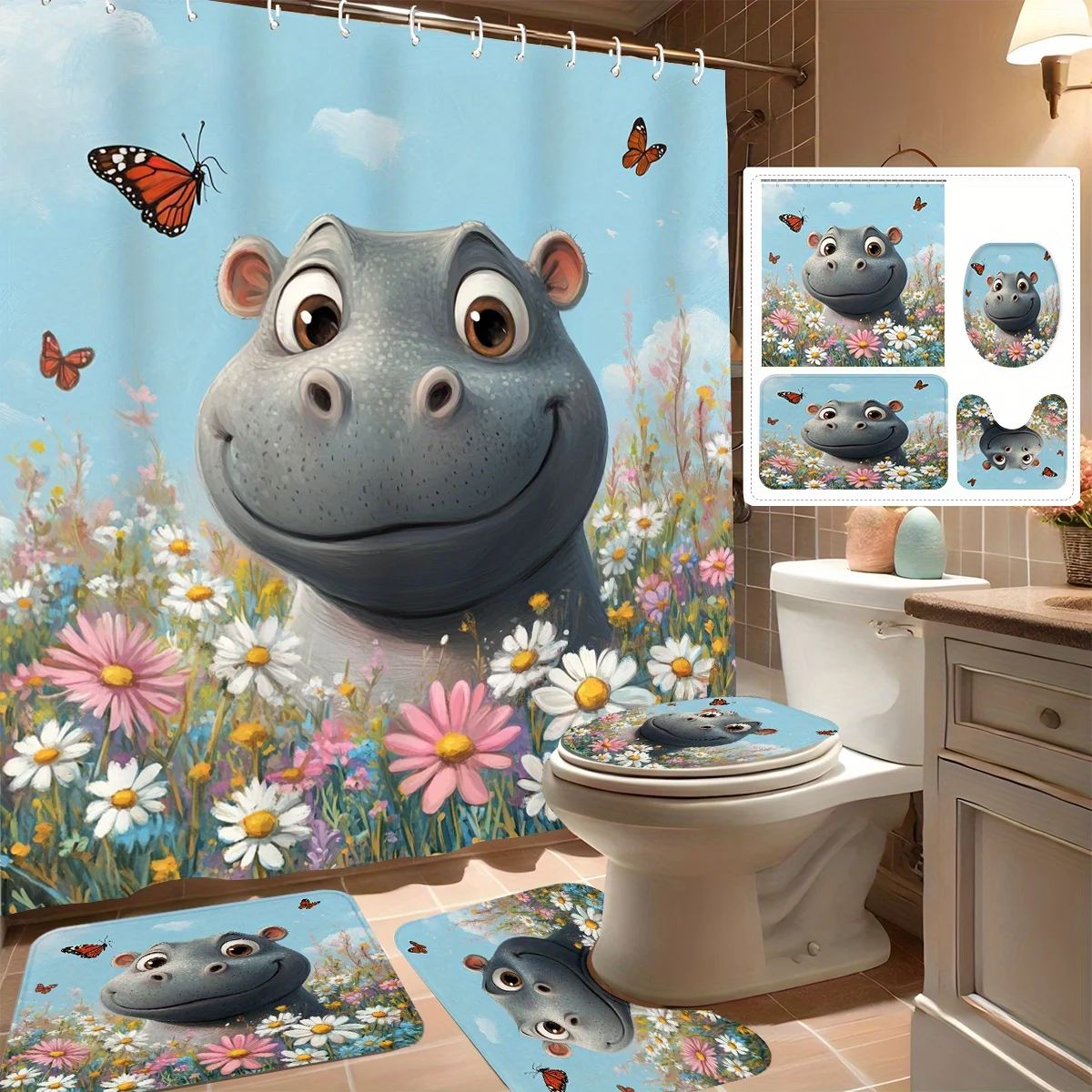 

Набор из 4 занавесок для душа, милый бегемот с цветочным дизайном, современный декор для ванной комнаты, в комплект входит 12 крючков, нескользящий коврик для ванной, U-образный